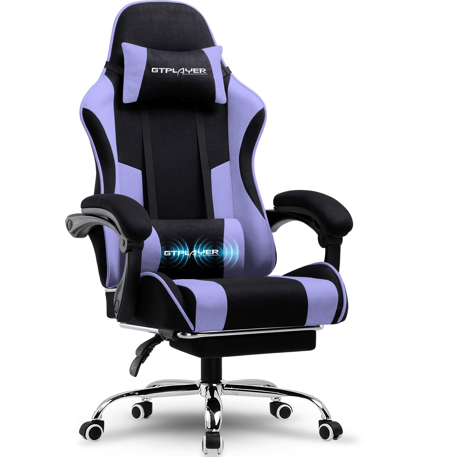GTPLAYER Silla para Videojuegos, Silla de Oficina, Silla ergonómica para PC, sillón de Gaming con Soporte Lumbar de Masaje, sillas de tareas con reposapiés y reposacabezas, Tela Morada
