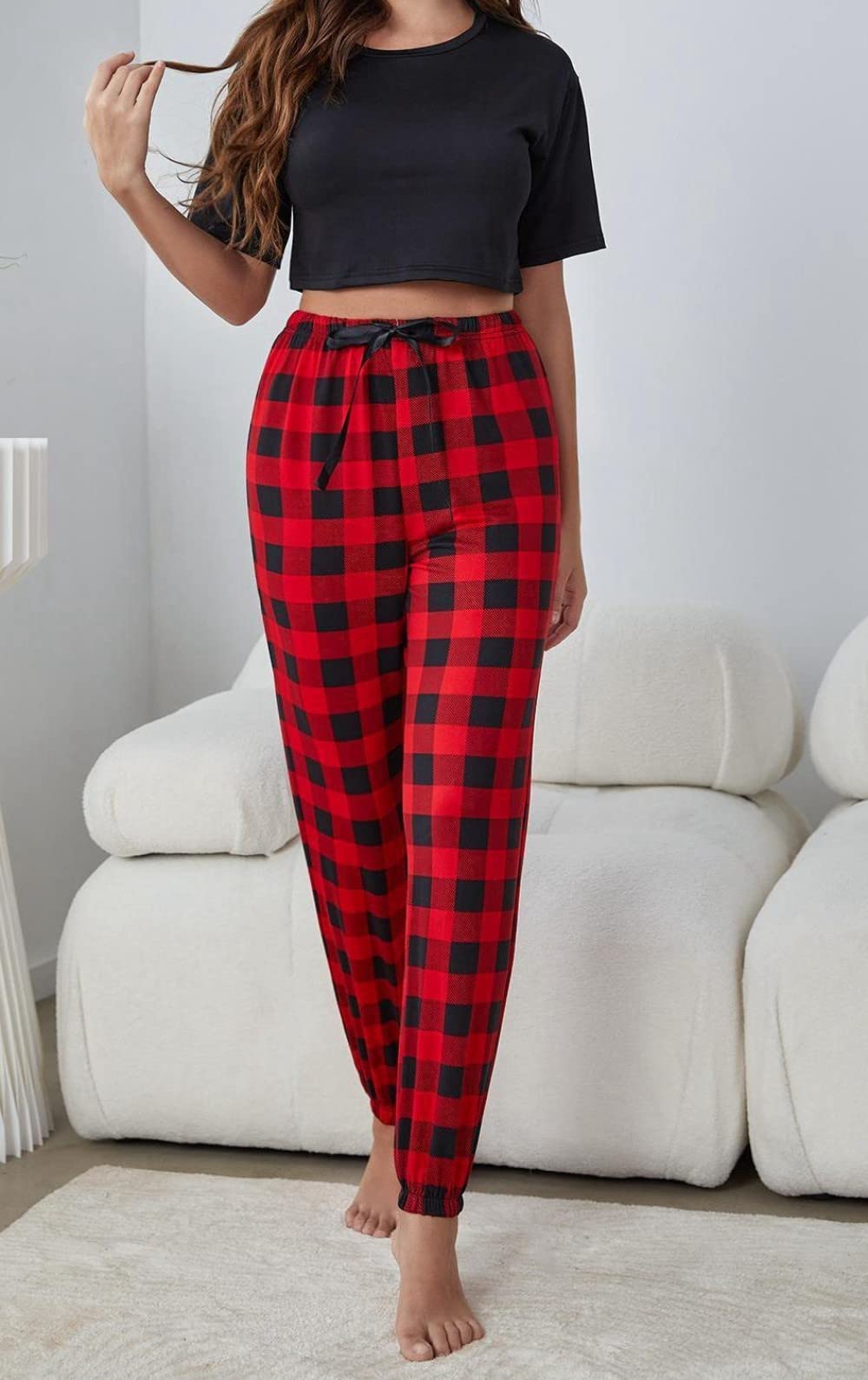 Donna Pigiama Estivo Due Pezzi,Pigiama A Maniche Corte Estivo da Donna con Stampa A Quadri Rossi Set da 2 Pezzi Pigiama Morbido alla Moda Loungewear Regalo per La Festa della Mamma per Moglie Fidanz