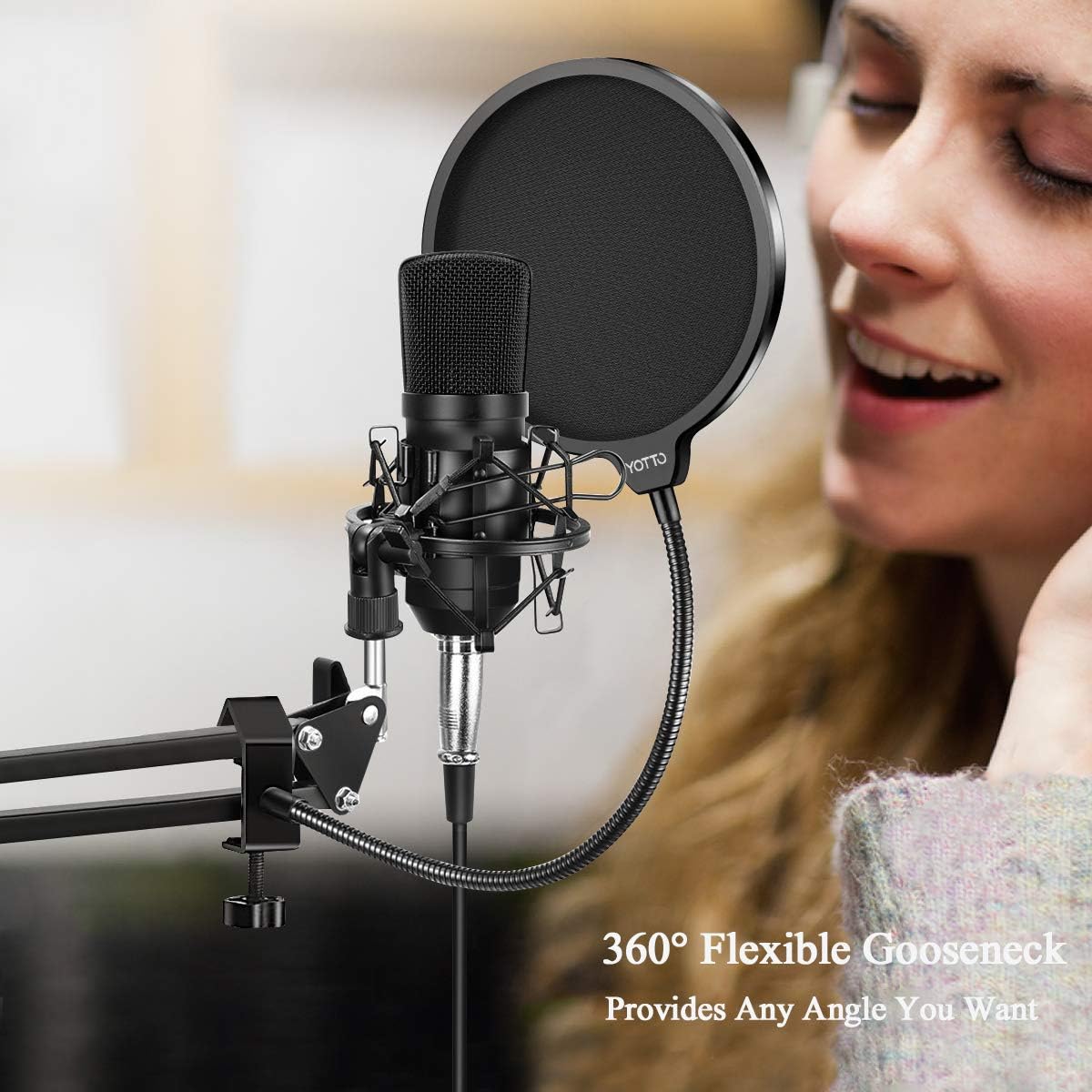 YOTTO Microphone Pop Filter Studio Windscreen Mic Cover Mask Shield with Flexible Gooseneck and Clamp for Blue Yeti, Audio Technica and All Microphones : Musical Instruments