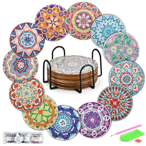 12pcs DIY Mandala Diamante Pintura Posavasos, Posavasos DIY, Se Puede Colocar en la Mesa de Comedor, Mesa de café, Escritorio, Arte Elegante Posavasos Duradera Posavasos Mandala DIY con Diamantes
