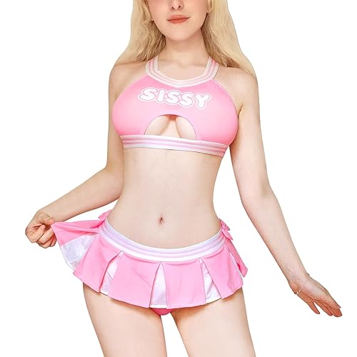 LittleForBig Unisex Cross-back Adjustable Straps Sleepwear Cami Top Skort Lingerie Cheer Sissy Bralette Skirted Panties Set - M - Pink