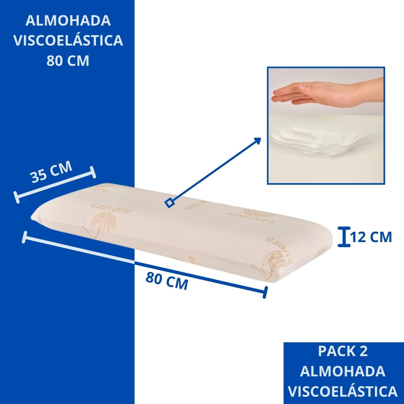 DECASATEXTIL®- Pack de 2 Almohadas Viscoelasticas 80cm para un Descanso de Calidad- Tejido Aloe Vera Plus, con núcleo Viscoelástico, indeformable, hipoalergénico, Termorregulador.