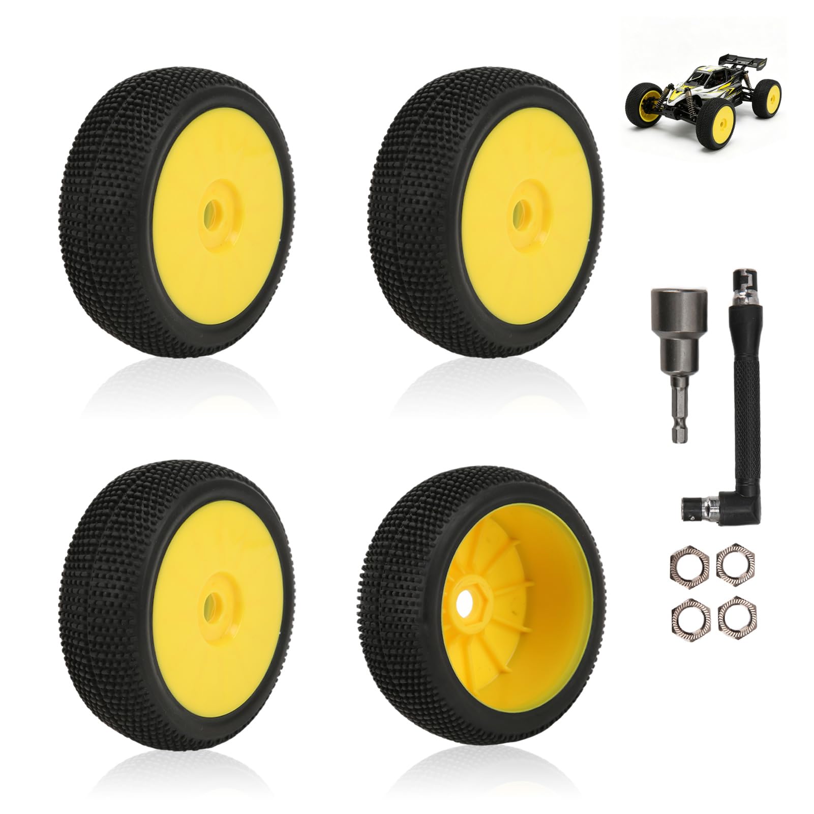 equlup 4pcs RC Front Rear Tires and Wheels with 17mm Hex Wheels Rims & Rubber Tires for 1/8 RC Off Road Racing Truck Car Upgrade Parts (Yellow)