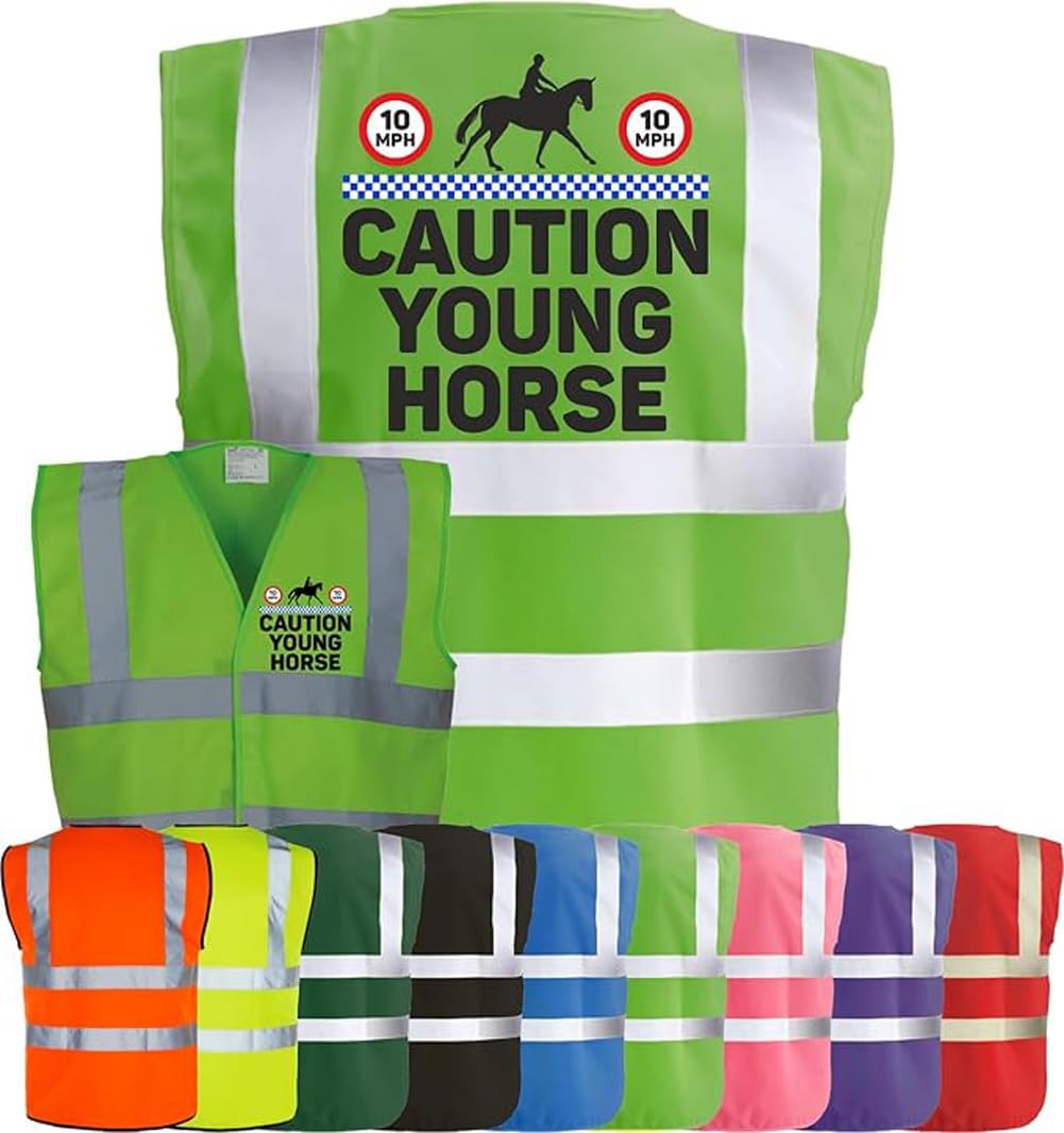 Corporate Togs Equine Hi-Vis CAUTION YOUNG HORSE Equestrian Waistcoat - Safety Vest Tabard, Fastening Vest, British Standard CE Marked | Safety Apparel