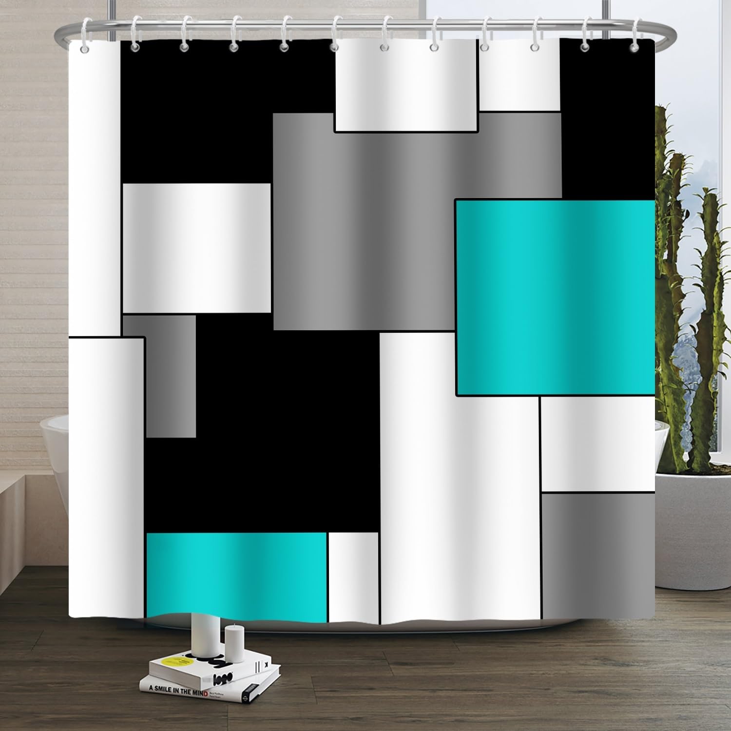Xiaoterna Geometric Shower Curtain Blue and Black Bathroom Curtain Modern Abstract Art Colorful Square Stripes Water Repellant Machine Washable Shower Curtains for Bathroom Decoration 240x180cm
