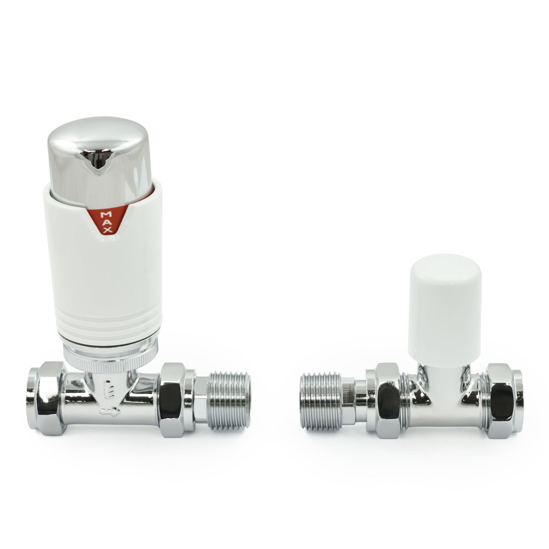 Thermostatic Radiator Valve Straight Heated Towel Rail TRV White & Chrome – Style (White & Chrome)