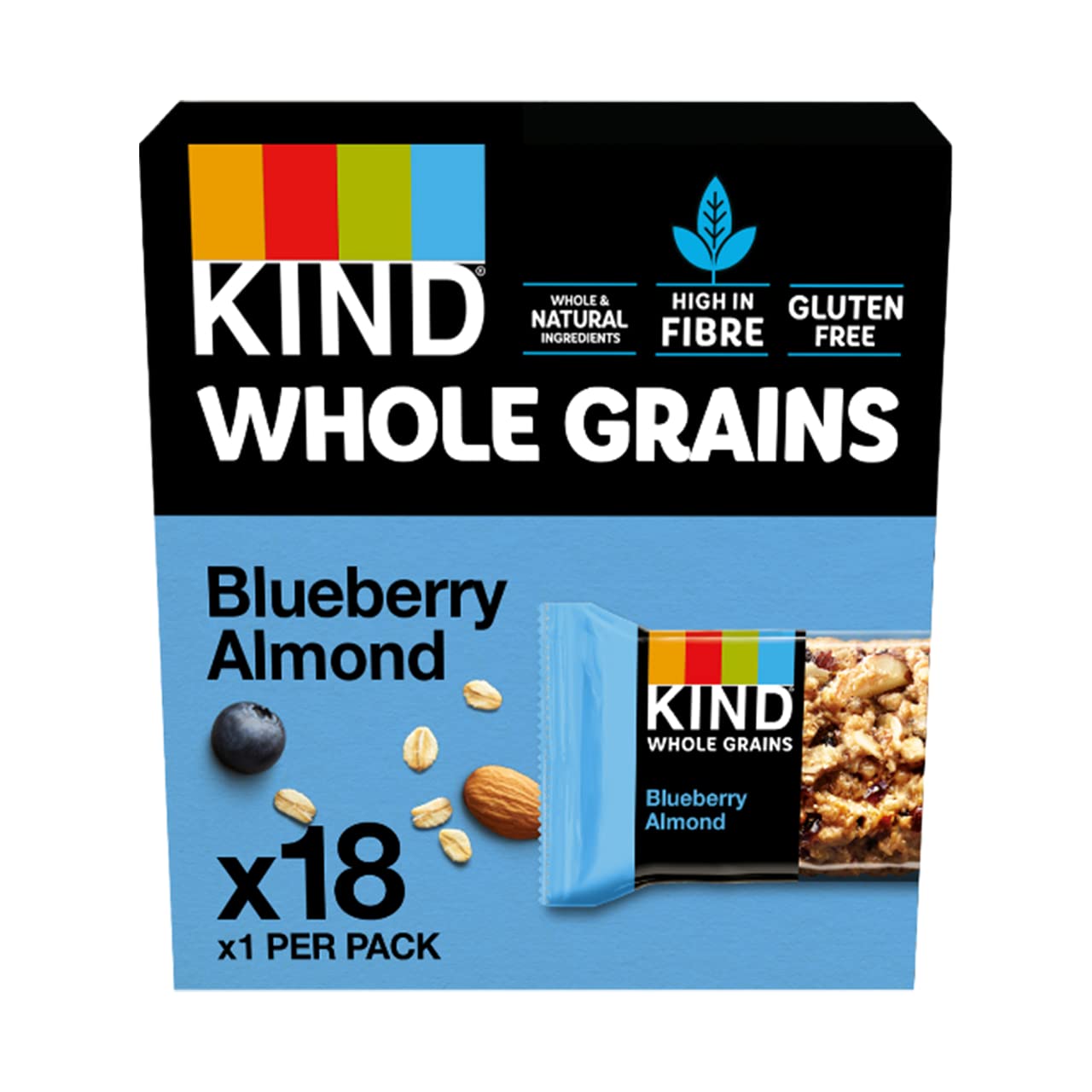 KIND Whole Grains Cereal Bars, Healthy Gluten Free Snacks, Blueberry & Almond, 18 Bars