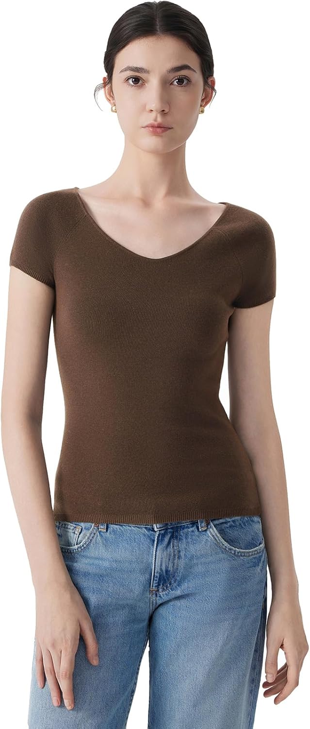 SUUKSESS Women Silk Cashmere Blend Wide V Neck Short Sleeve Sweater Casual Essential Top Shirts