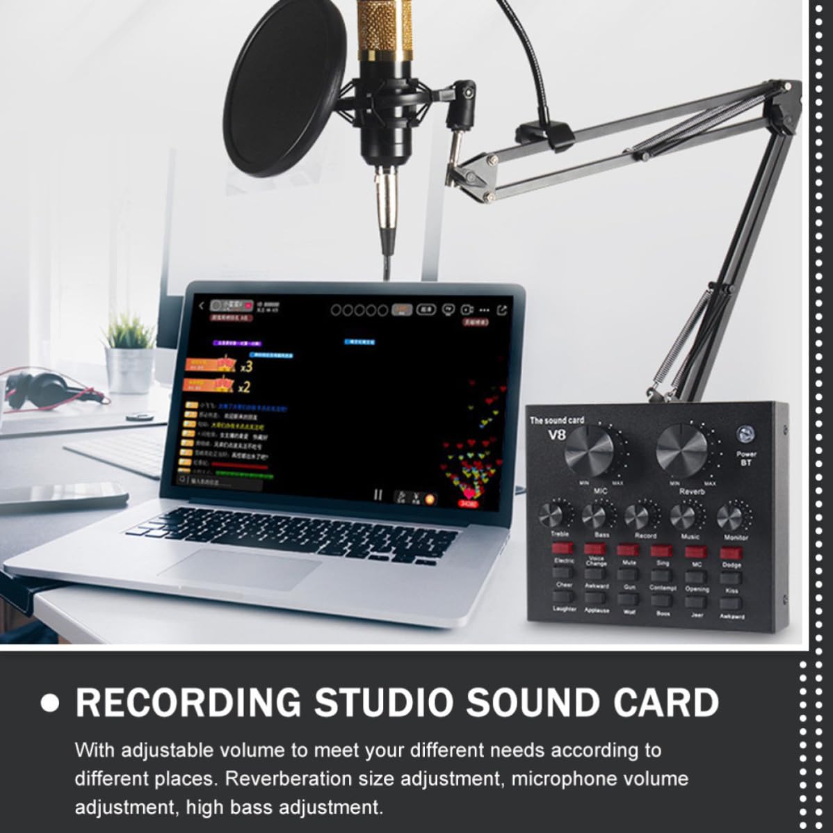 Housoutil Scheda Audio Esterna Professionale Mixer Audio e Effetti, Microfono Condensatore Nero in Metallo Volume Regolabile per Live Streaming e Canto