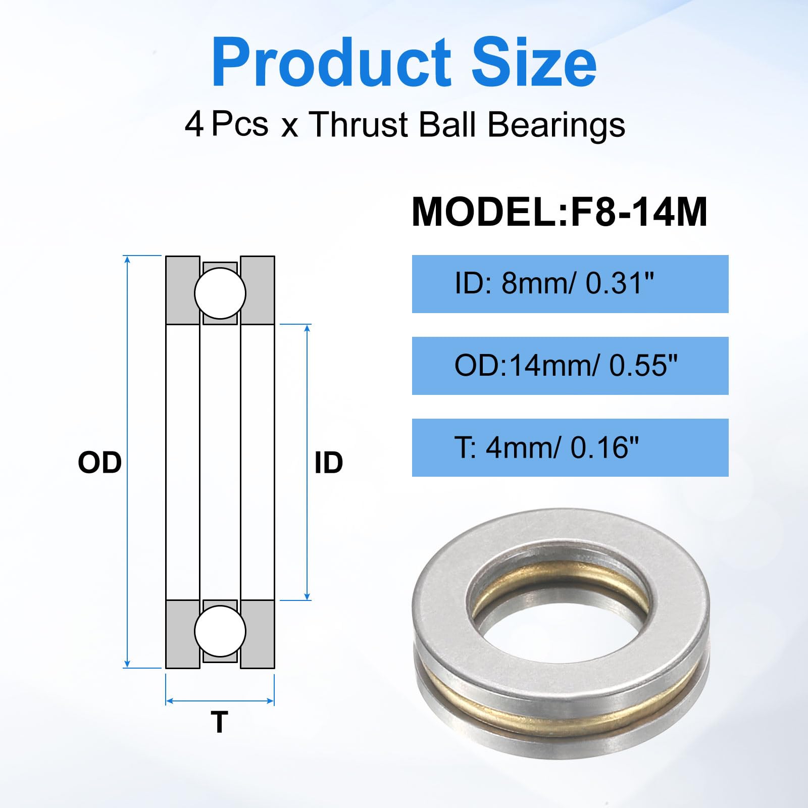 uxcell Lot de 4 roulements à billes F8-14M, 8 mm x 14 mm x 4 mm, roulements de butée miniatures avec rondelles en acier chromé à sens unique pour systèmes de convoyeur, machines-outils