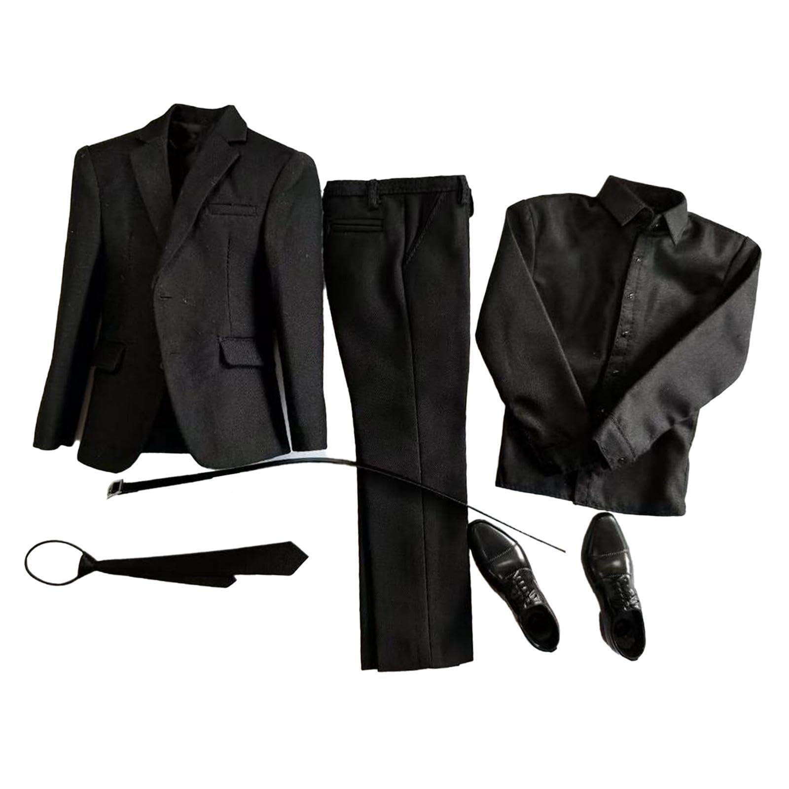 6 Teile Action Figuren Anzug Set Komplett mit Hemd Hose Schuhen Gürtel Krawatte Aus Stoff für Puppenliebhaber Modellsammlung, Schwarzes Hemd