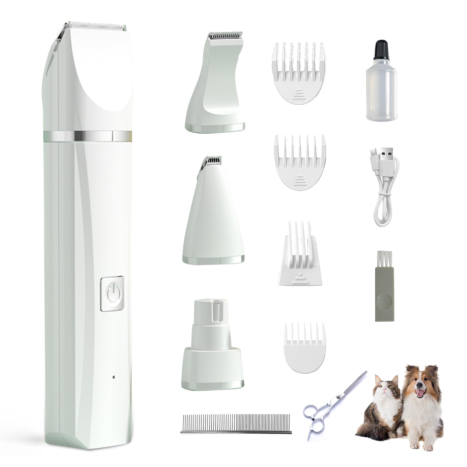 4 in 1 Leise Schermaschine Hunde Katzen, 4 Schneidköpfen für Haarschneidemaschine Pfotentrimmer Krallenschleifer Spliss Trimmer, Wasserdicht Hundeschermaschine für Pfoten Augen Gesicht Körper (Weiß)