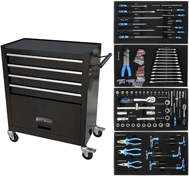 4 Drawers Tool Cabinet with Tool Sets Rolling Tool Cart with Drawers and Wheels Mechanics Tool Set Kit BoxBlack