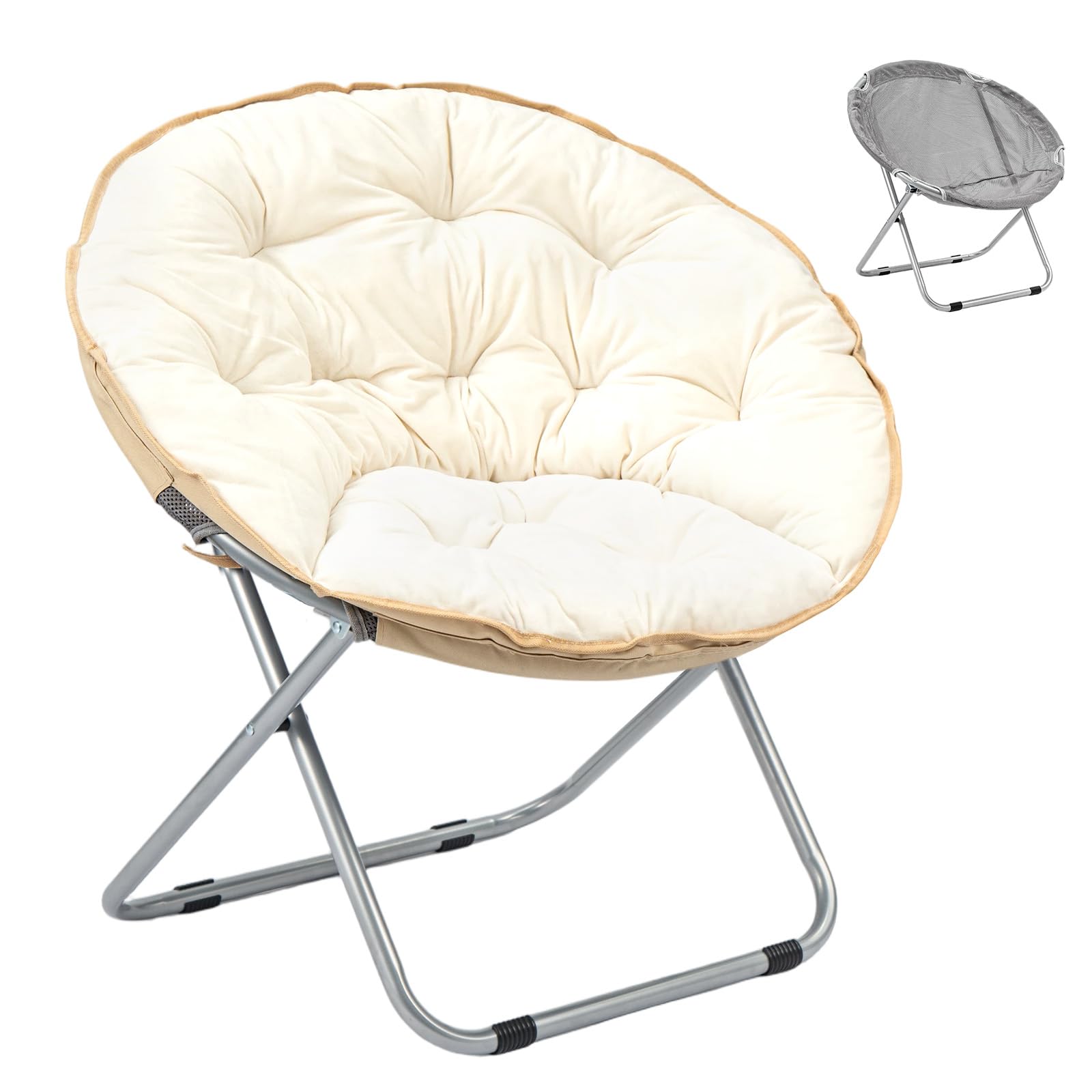 GREENSAPPIRE Moon Chair Folding Bedroom Round Reading Chair With Iron Legs Comfy for Living Room & Bedroom Reading Plush Grey (White)
