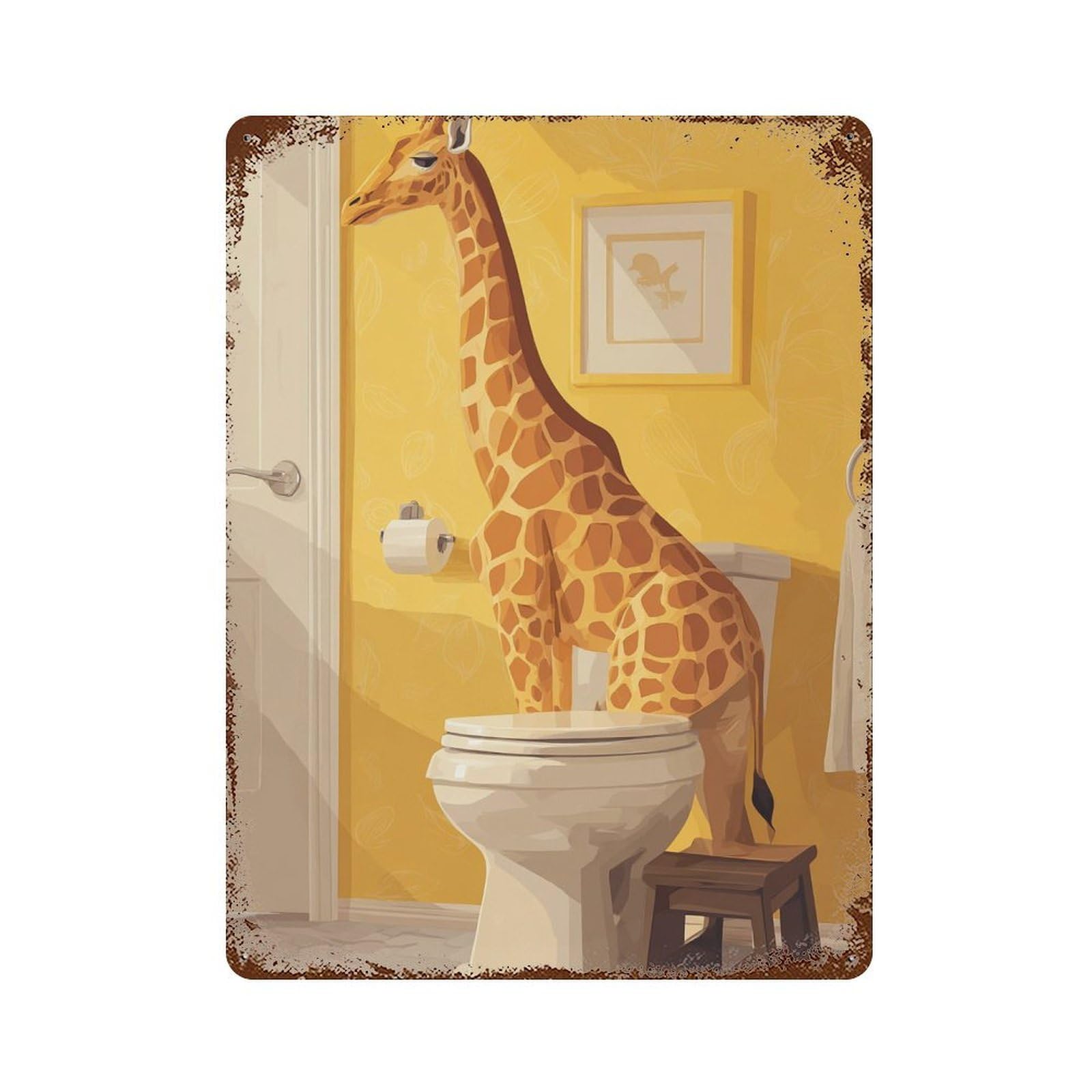 Vintage Rust Metal Sign with Giraffe Using Toilet Design 15.7"x11.8", for Shed, Workshop And Garage Wall Decor, Retro Wall Decor