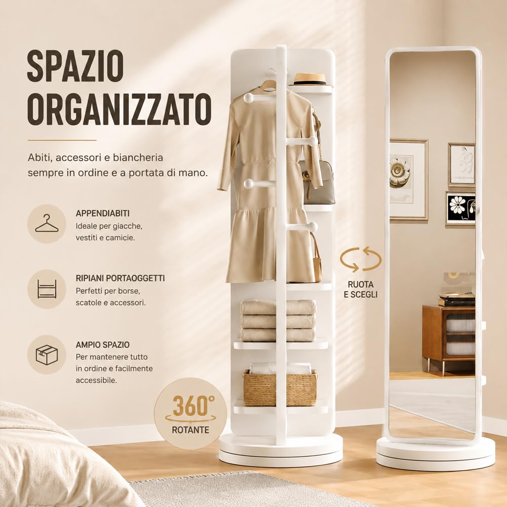 Shally Dogan Specchio Guardaroba Rotante con Struttura Bianca in Legno, Appendiabiti Attaccapanni da Ingresso, Camera da Letto e Ufficio Girevole con Ripiani, Decorazione Interni 170 x 45 cm