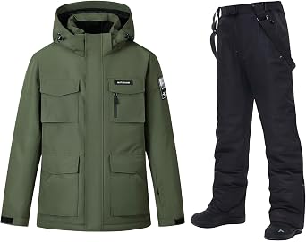Mens Ski Jacket and Pants Set,Insulation Snowboard Bibs Snow Suit | 15K Waterproof,10K Breathable Windproof,Removable Hood,Underarm Vents Zippers,Detachable Shoulder Straps for Snowboarding