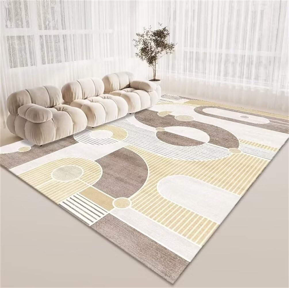 Grand tapis de salon doux jaune et gris 250x300cm au style géométrique