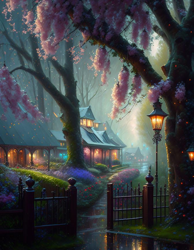 Affiche sur toile village de printemps 58x90 cm poster mural