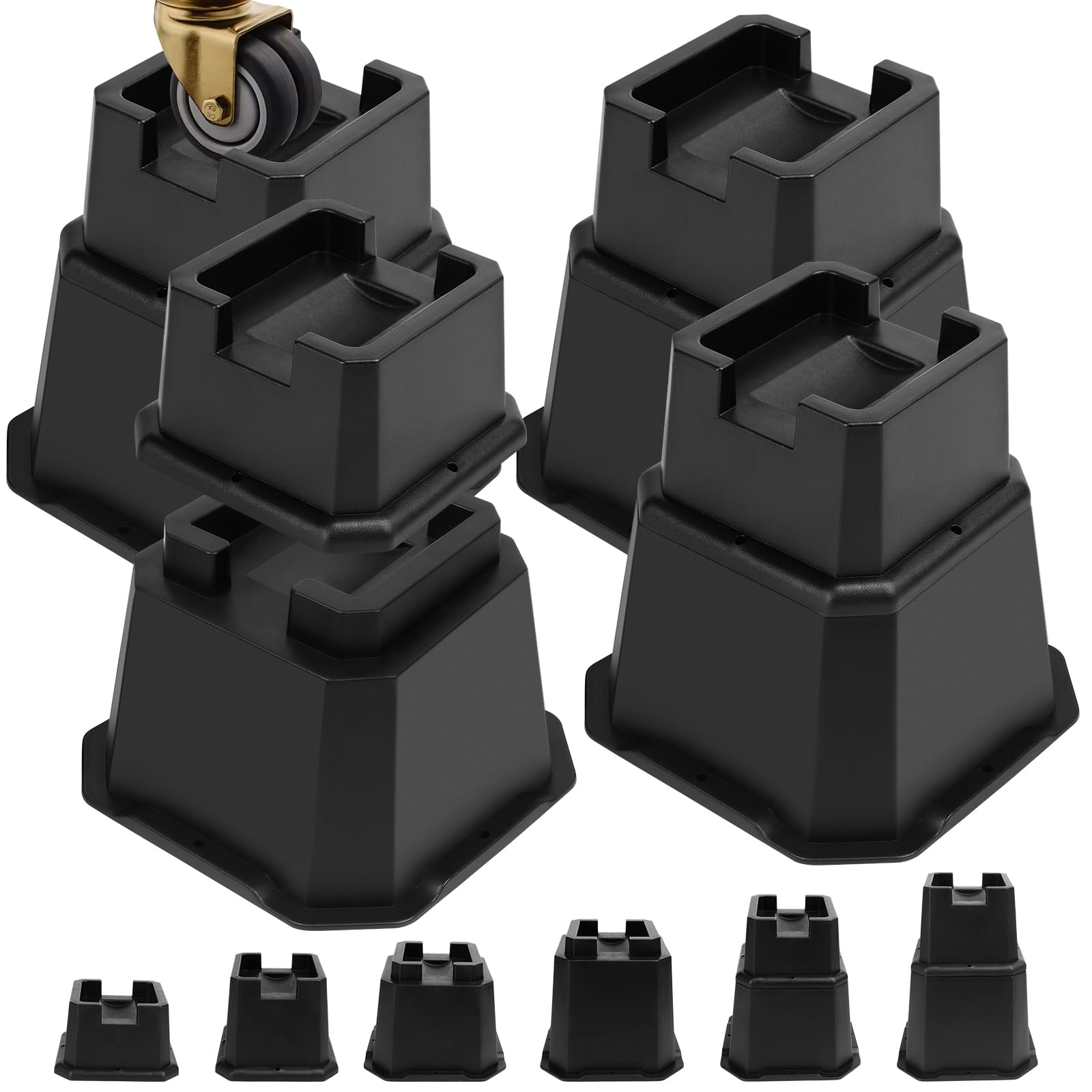 MixDora Bed Risers 6 Inch Heavy Duty Stackable Adjustable Furniture Risers Elevation in Heights 2, 4, 6 Inch Bed Lift Risers for Caster Wheels or Posts of Bed Table Couch Chair Black (2,4,6 Inch)