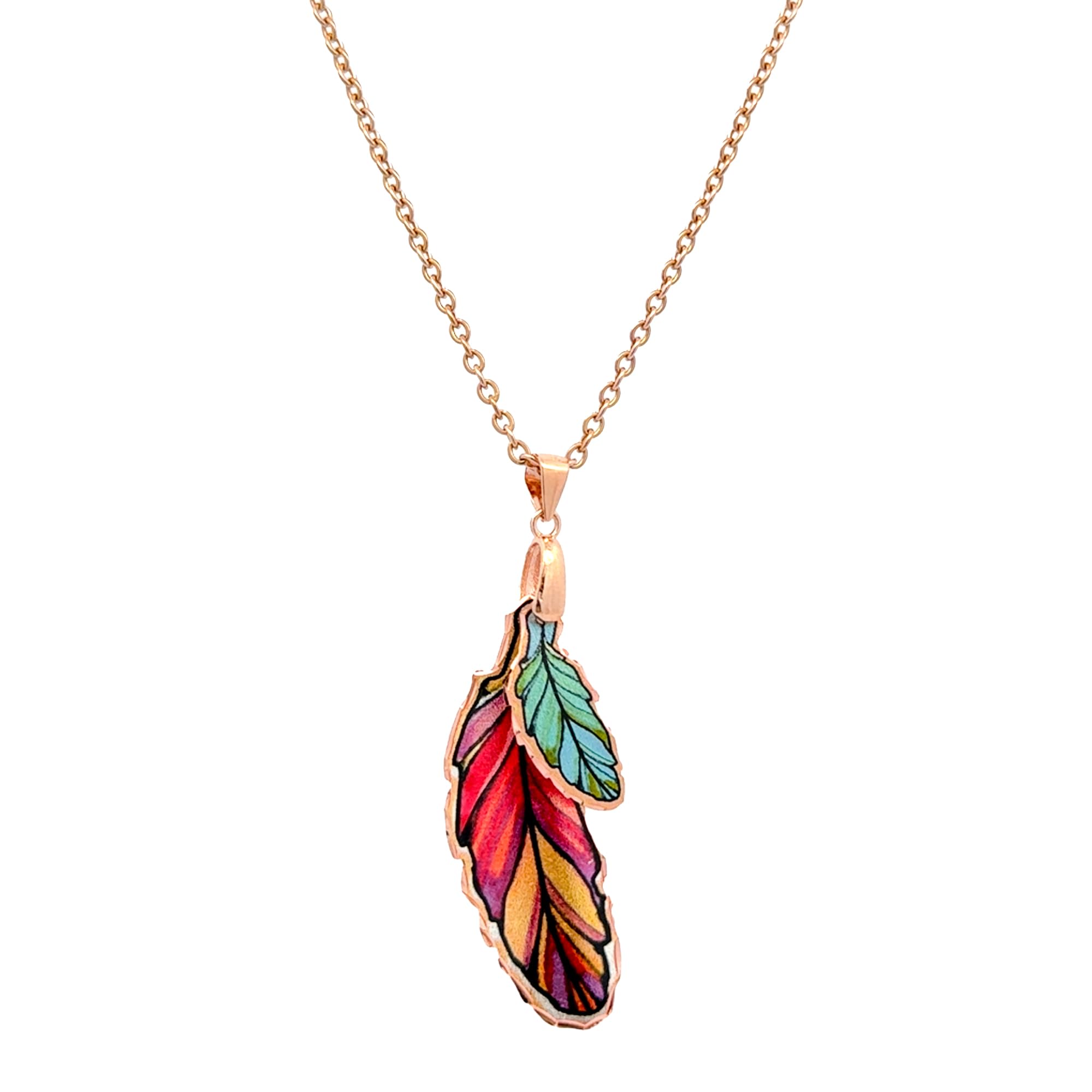 Feather Necklace for Women – Handmade Copper Pendant with Red & Blue Hues, Western Boho Jewelry with Sterling Silver Bail and Rose Gold Stainless Steel Chain