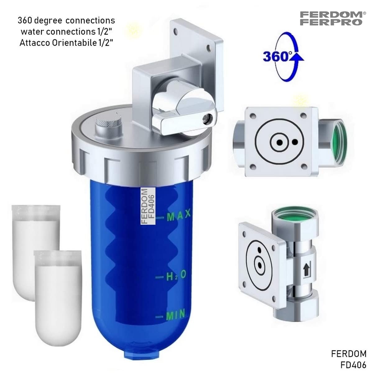 ZESTAW OCHRONY INSTALACJI FD444 FERDOM. 2 w 1. Filtr Wstępny, Osadowy Typu Spin-Down z Siatką Inox 40-60 μm (FD244) + Dozownik/Podajnik Proporcjonalny do Wody Wodociągowej, Dodatkowe Wkłady (FD406).