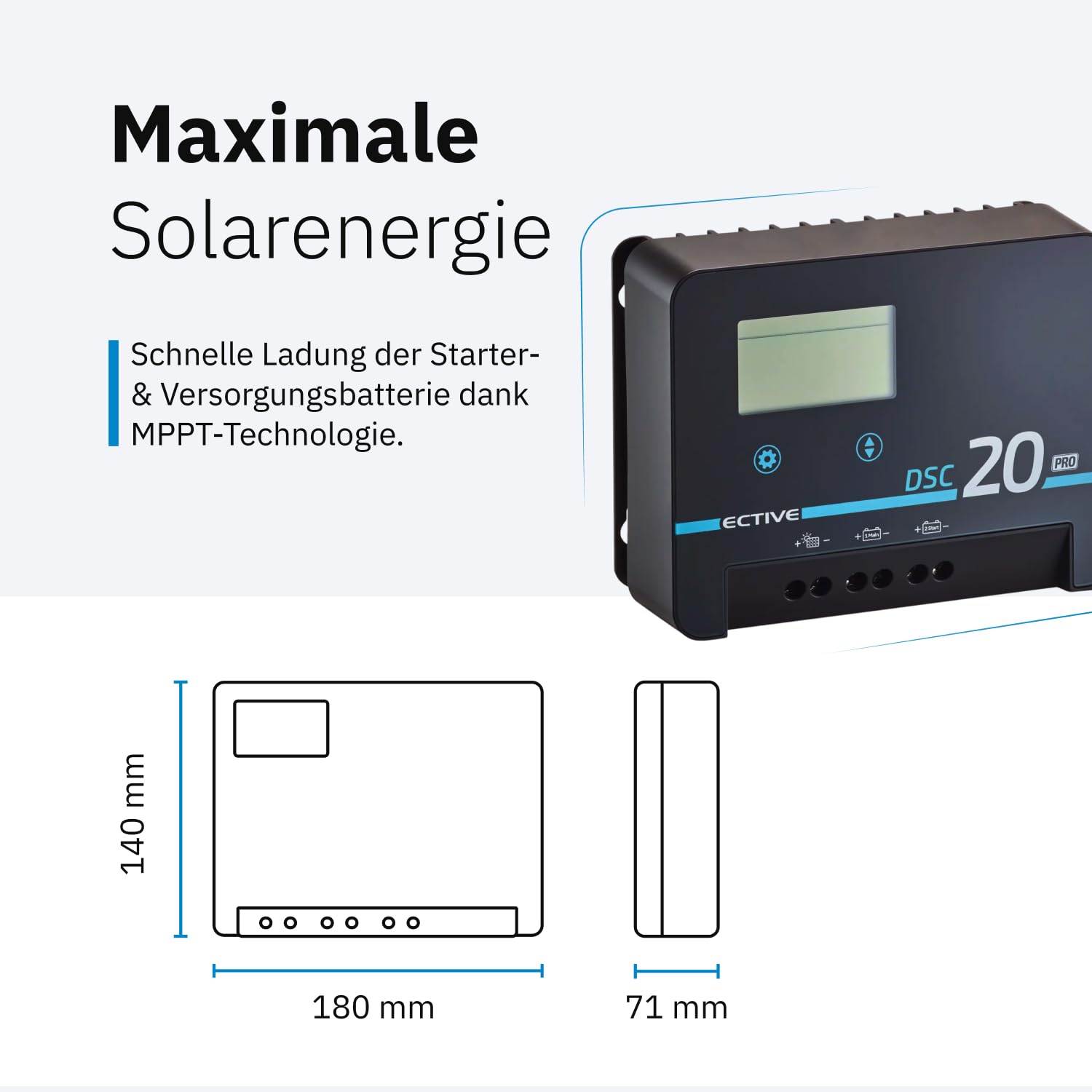 ECTIVE DSC 20 PRO 20A 150V MPPT Dual Solar-Laderegler mit Bluetooth – für 12/24/36/48V Starter- & Versorgungsbatterien (Nass, AGM, Gel, Lithium)