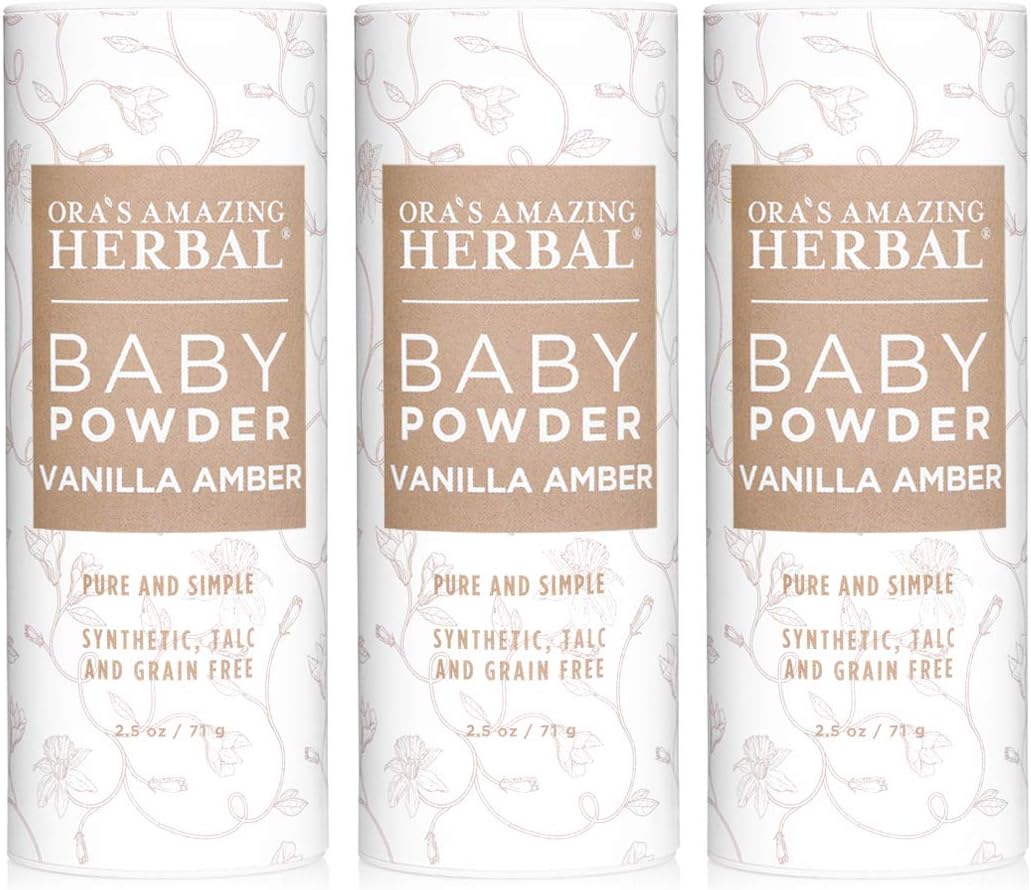Baby Powder Talc-Free, Real Vanilla Amber Natural Scent, Cornstarch Free Arrowroot and Clay Based Powder, Synthetic Fragrance Free, Ora's Amazing Herbal, 2.5 oz 3 Pack