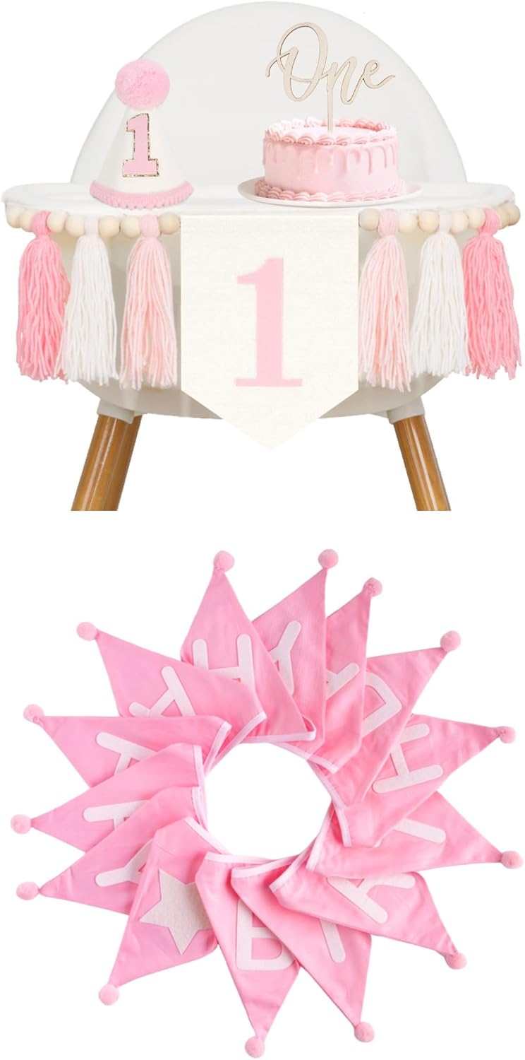 Pink One High Chair Banner and Happy Birthday Banner