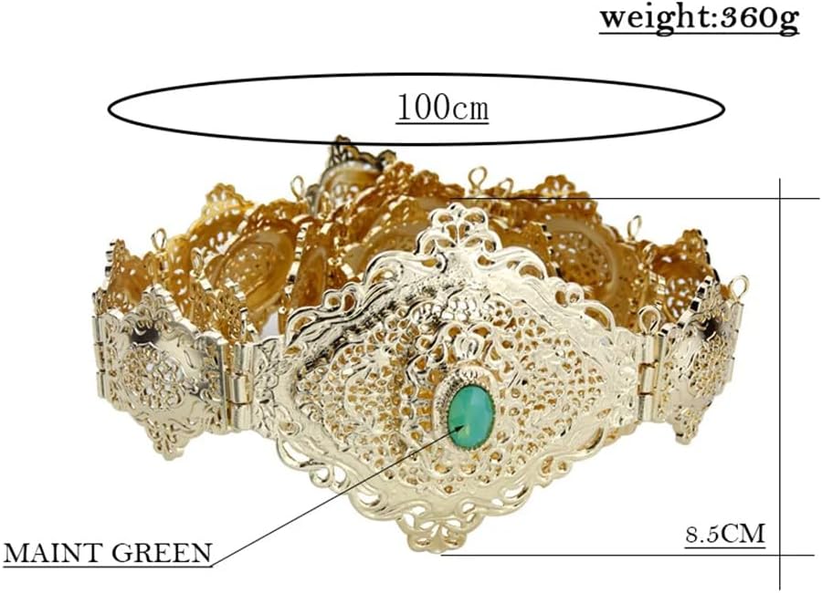 Women’S Gold Morocco Caftan Belt With EN8 Crystal Adjustable Metal Waist Chain For Arabic Bride