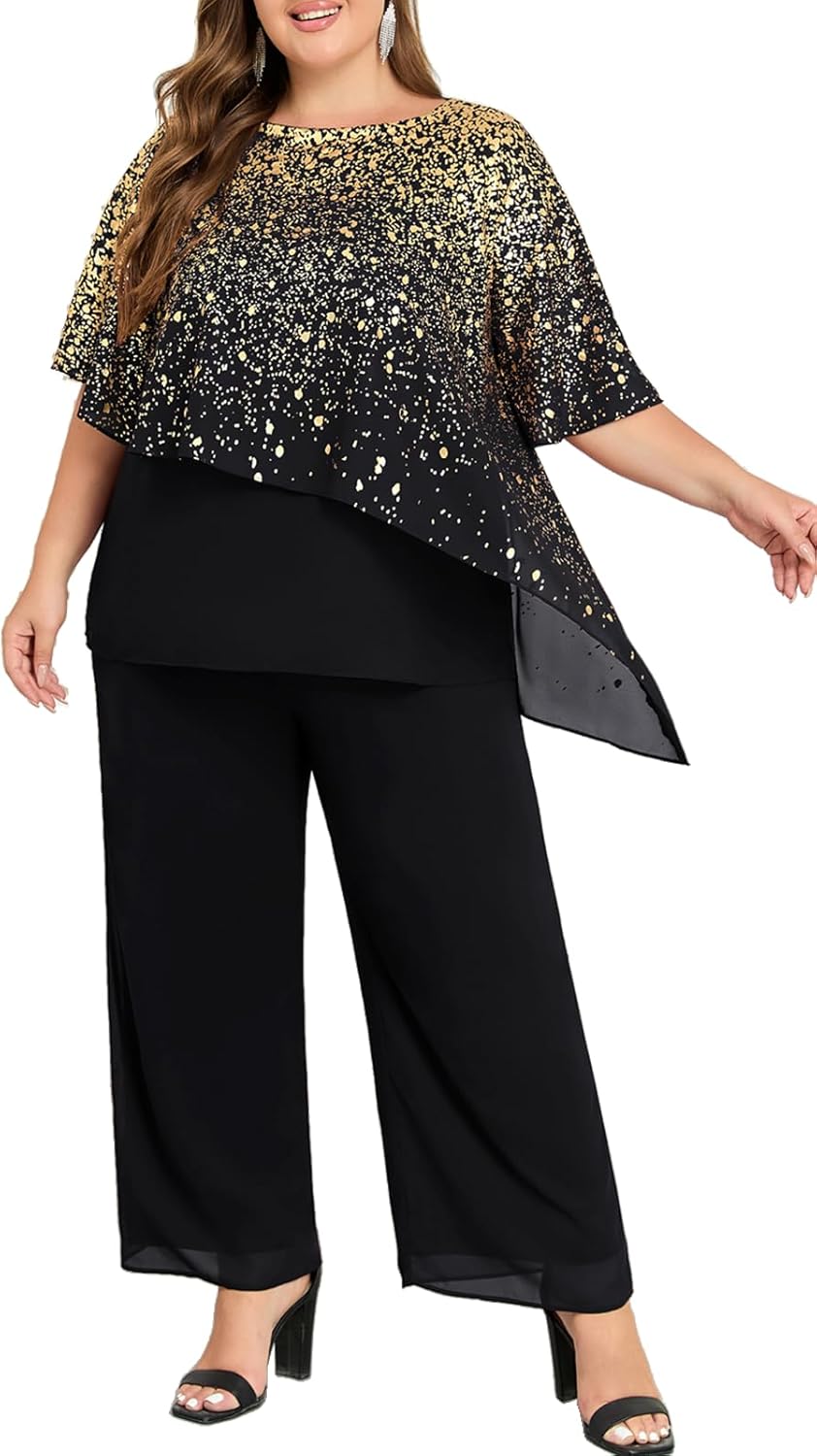 Hanna Nikole 2025 Plus Size Mother of Bride Pant Suits 2 Piece Ruffle Layers Chiffon Sets Hot Stamping Wedding Guest Outfit