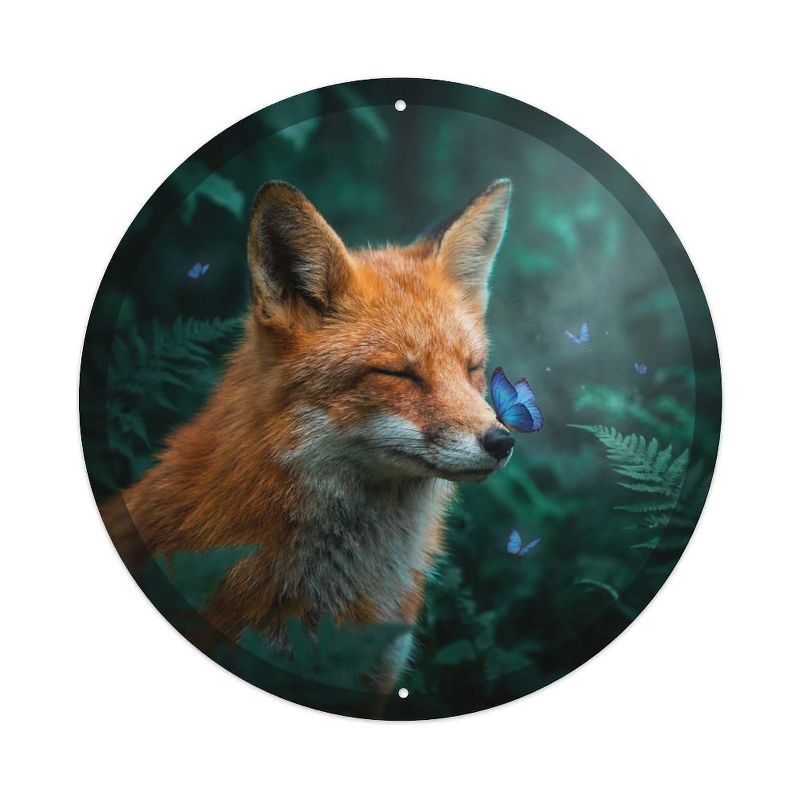 Red Fox Sapphire Butterfly Cute Wildlife Woodland Pastel Kawaii Metal Tin Sign Plaque Wall Decor for Cafe, Man Cave, Club Bar, Office, Home Garden Round Metal Poster 8x8Inch