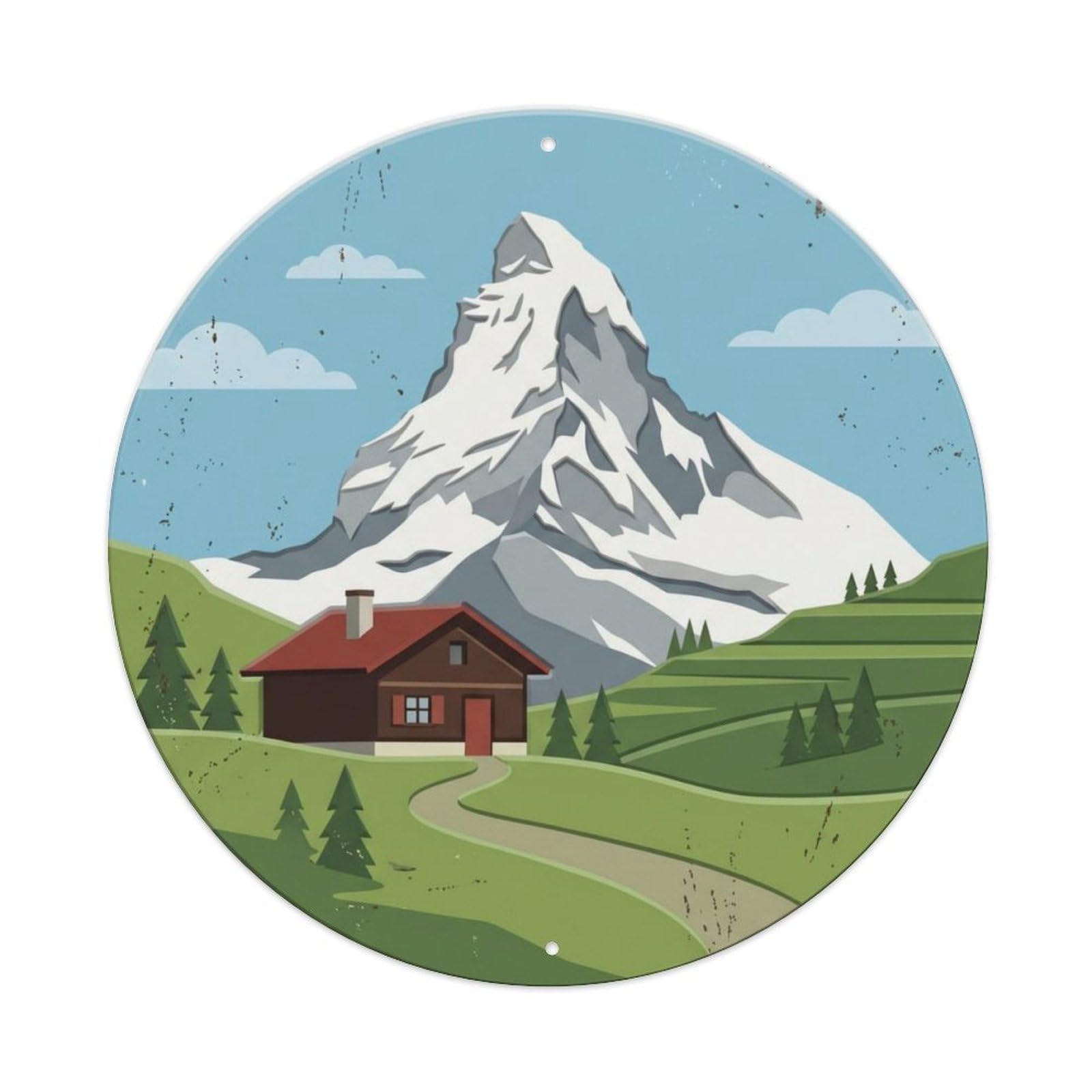 Matterhorn Majestic Lodge Travel Metal Tin Sign Plaque Wall Decor for Cafe, Club Bar, Office, Home Garden Round Metal Poster 8x8Inch