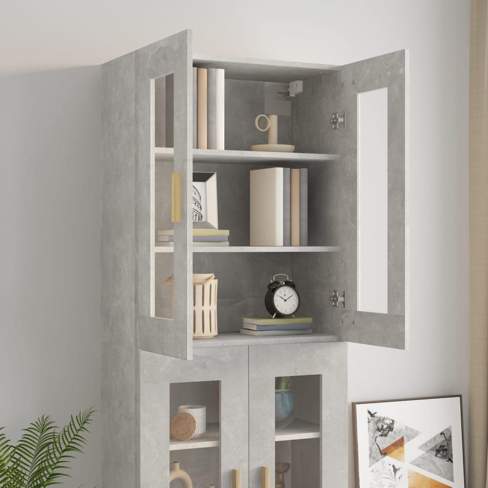 Hängeschrank 69,5x34x90 cm Betongrau – Holzwerkstoff/Glas, hohe Stabilität, Raumsparend, für Küchen- & Büroorganisation