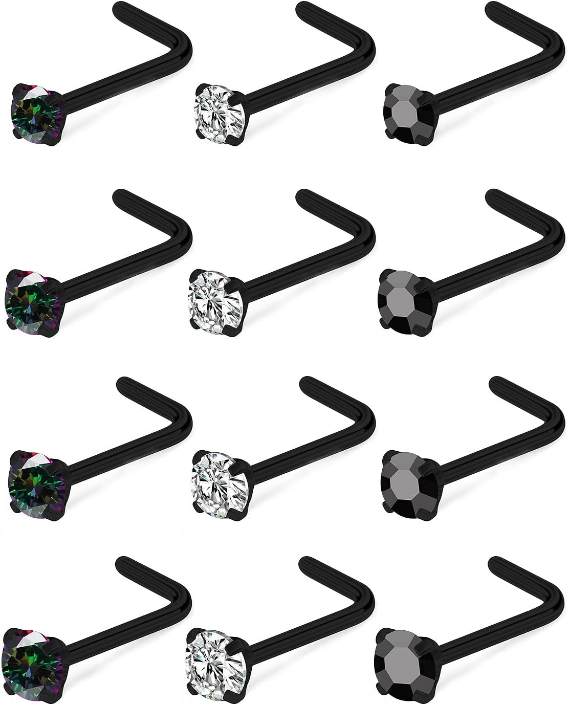 Black Nose Ring Surgical Steel Nose Rings Studs 20G 18G L Shaped Nostril Piercings Cubic Zirconia Nostril Piercing Jewelry for Women Men 9Pcs