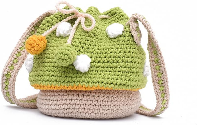 Handmade Knitted Purse Wool Knitted Mushroom Shoulder Bag for Women Crossbody Bucket Bag with Drawstring