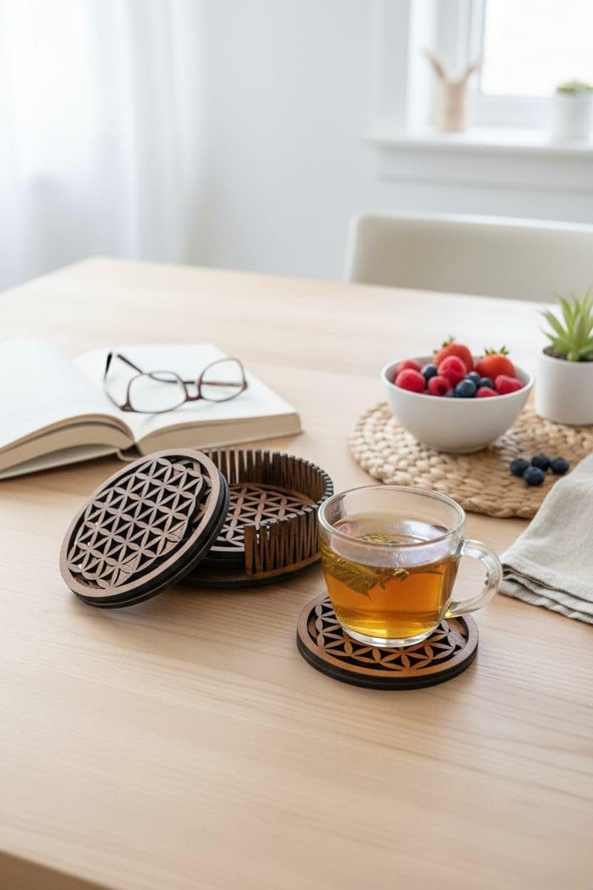 Wooden Coaster Set of 6 with Coaster Cover/Stand with Geometric Pattern, Round Drink Coasters with Holder, Natural Wood Table Protection | Coaster for Home & Office | Wooden Tea Coaster-image-5