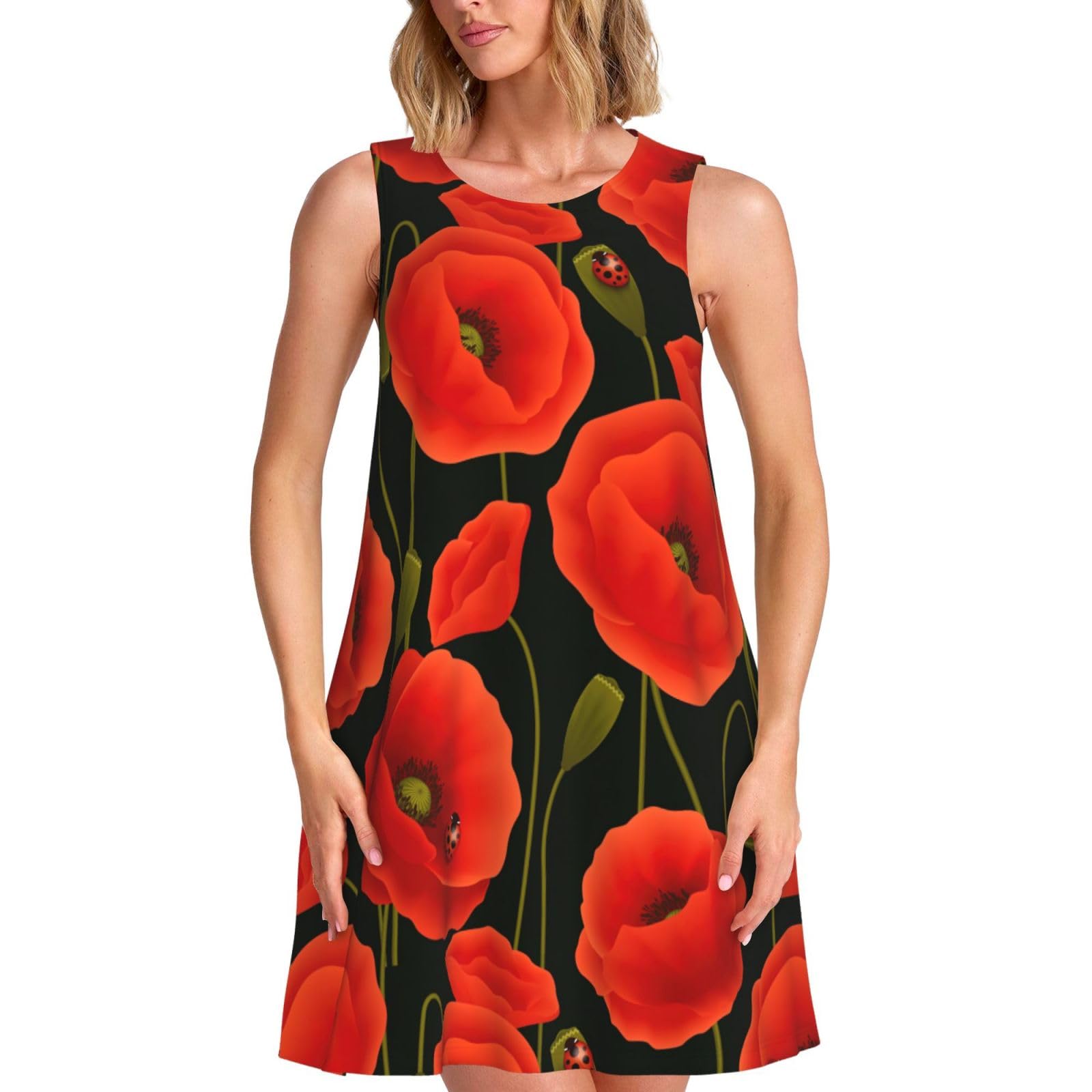 LHBZXMKJ Poppy Flowers Print Womens Summer Dresses Loose Round Neck Sleeveless Sundresses Dress with Pockets, Black, XXL