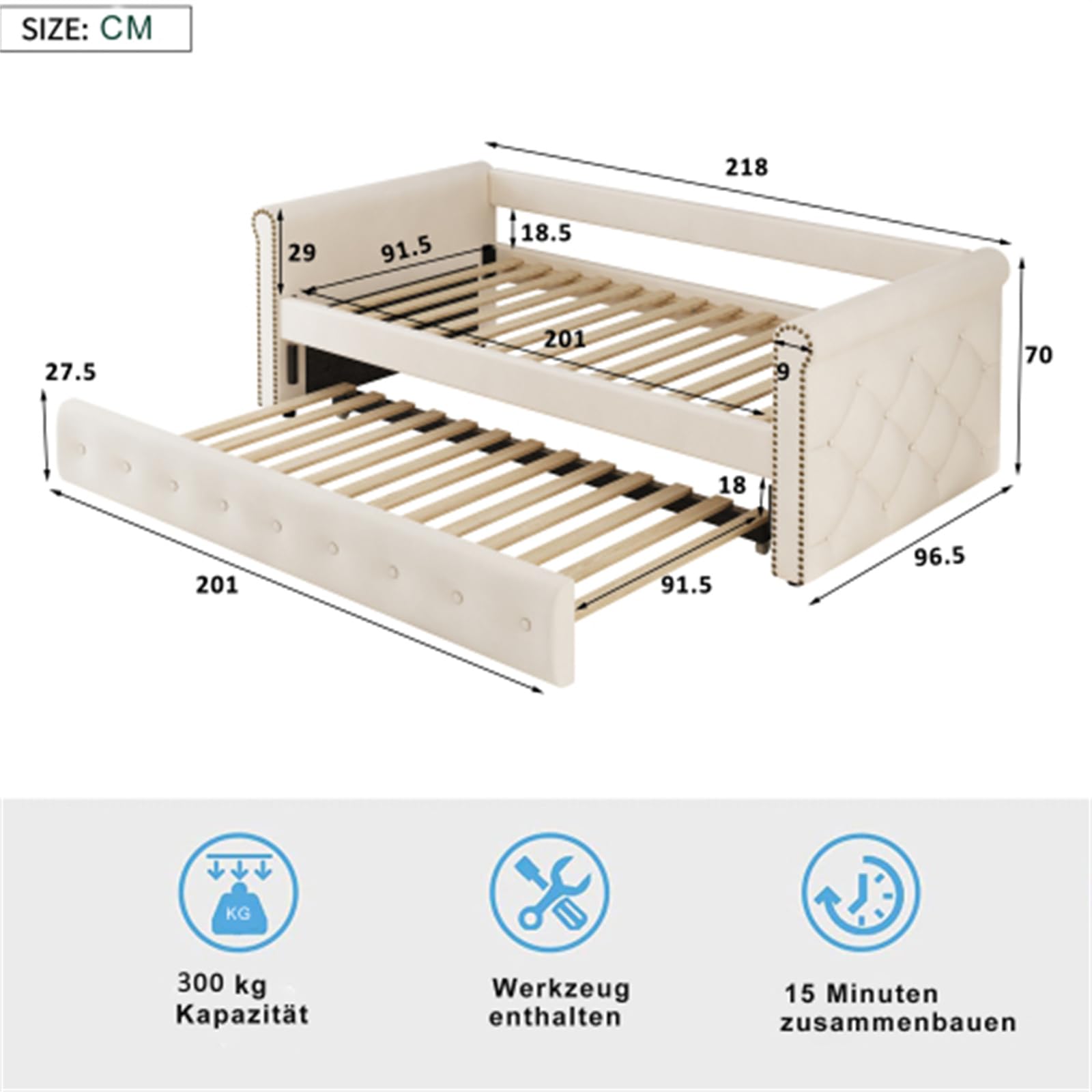 Cama nido tapizada con marco de listones de madera, cama juvenil, cama infantil, cama de invitados (beige + 90 x 200)