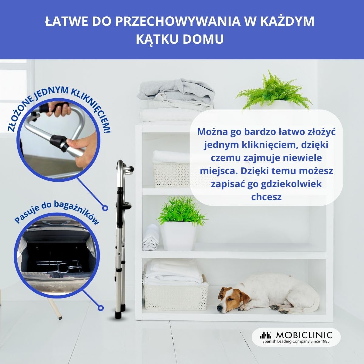 Mobiclinic®, Pórtico, Europejska marka, Chodzik, Regulacja wysokości, 2 składany, Lekki, Dla seniorów, Antypoślizgowy, Ergonomiczne uchwyty, Do 100 kg, Srebrny