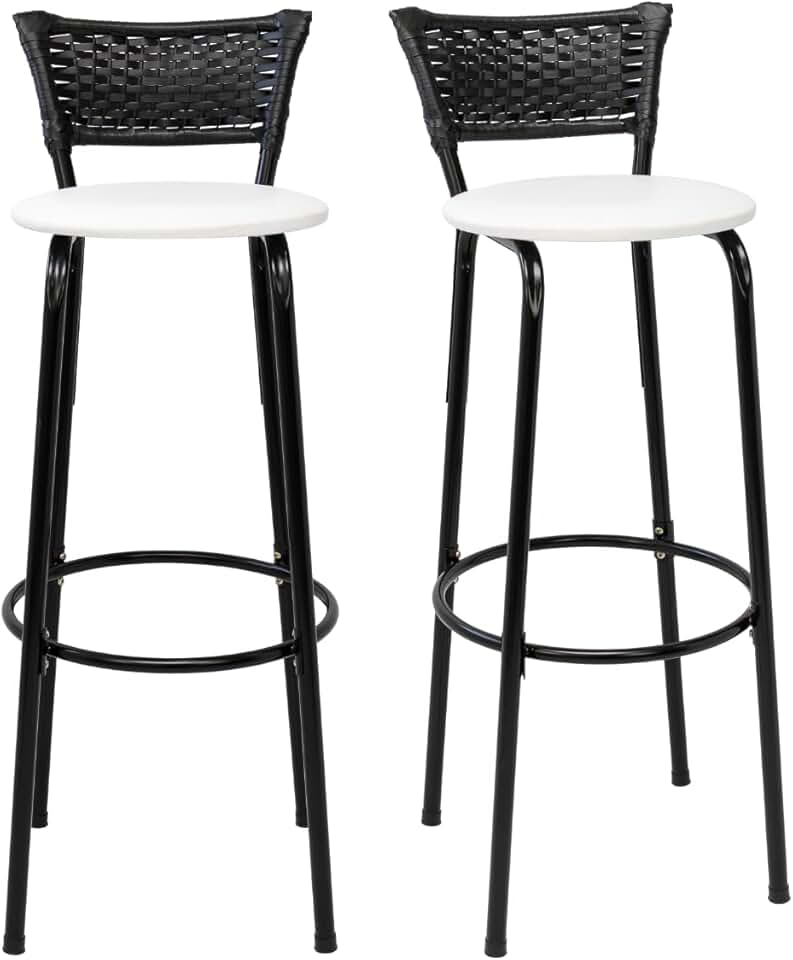 Kit 2 Banquetas Altas 80cm Estrutura Preta Encosto Junco Preto Ideal Bancada Cozinha Americana Bares Balcão Ilha Área Gourmet Piscina Itagold (Assento Branco)