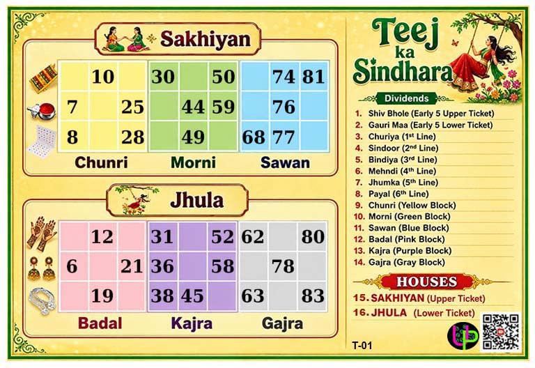 Image of Teej Theme Tambola Tickets - 2S Teej Ka Sindhara Theme | Hariyali Teej Housie Bingo Cards | English | Board Game for Kitty Parties & Family Gatherings - Set of 15 Unique Tickets