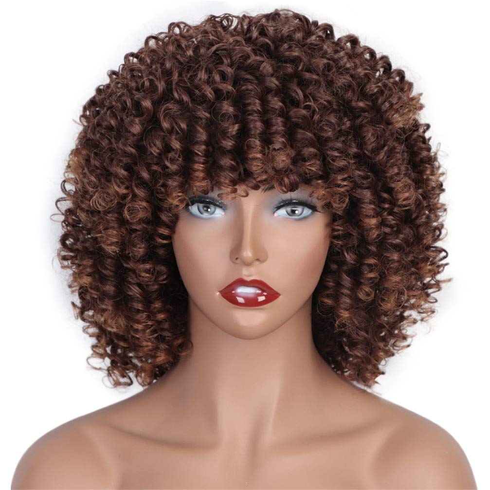 Perruque courte crépue bouclée pour femme marron et blond ombre en synthétique