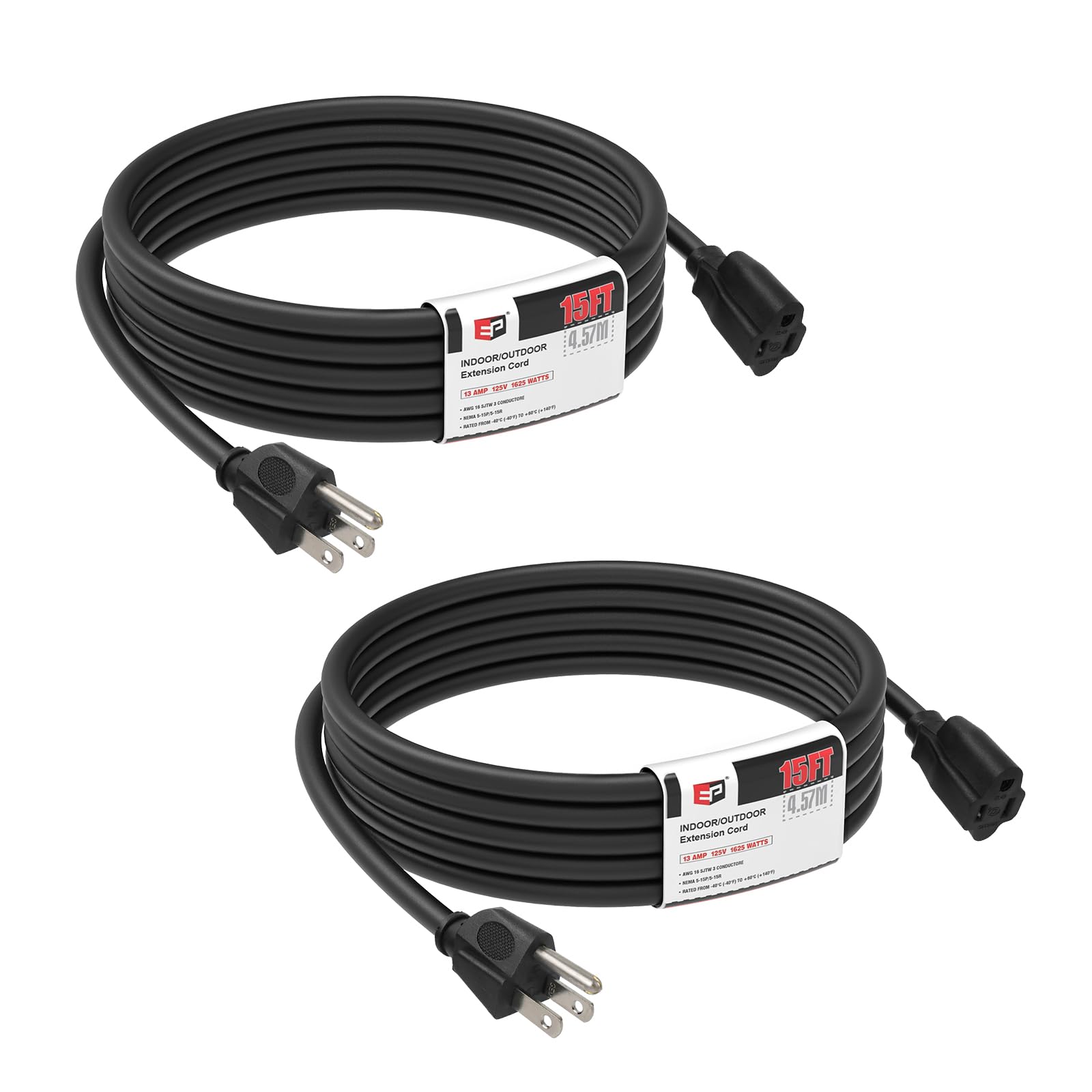 EP 15 FT Outdoor Extension Cord, 16/3 SJTW Heavy Duty Black 2PK, ETL Listed