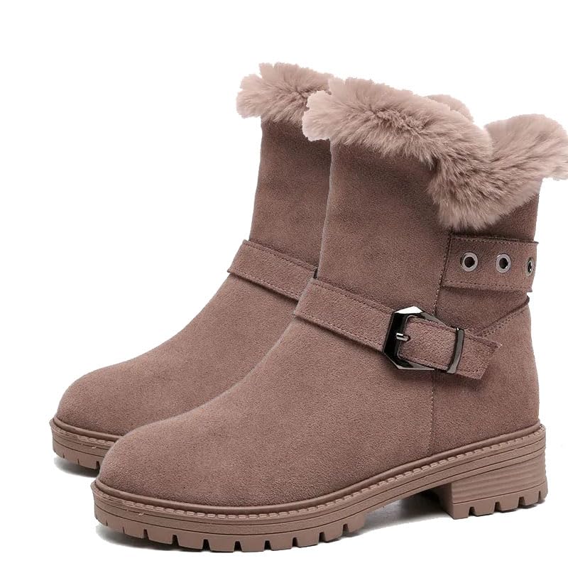 Women Winter Plush Warm Fur Lined Suede Snow Boots Outdoor Casual Side Zipper Anti-Slip Comfortable Walking Cotton Ankle Booties