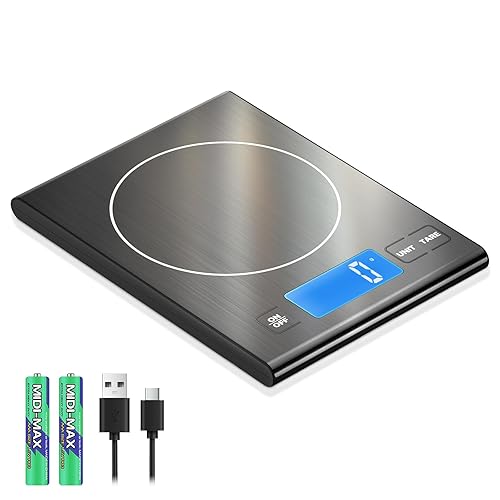 Diyife - Báscula de cocina recargable de acero inoxidable 304, báscula digital de alimentos de 33 libras con pantalla LCD, baterías y carga tipo C,