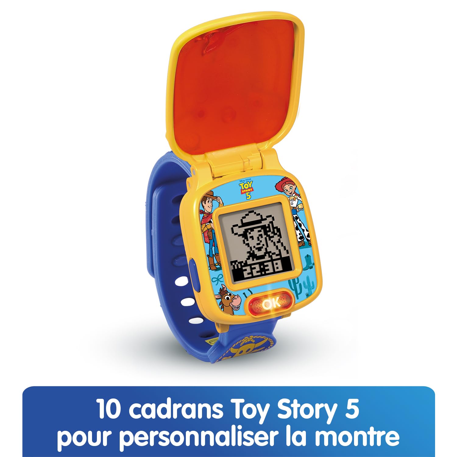 VTech - Toy Story 5, L'orologio da Gioco educativo di Woody - Orologio Toy Story con Schermo Animato, Cinturino Regolabile, 10 quadranti, 4 Giochi - Sceriffo Woody Parlant - Regalo per Bambini dai 3