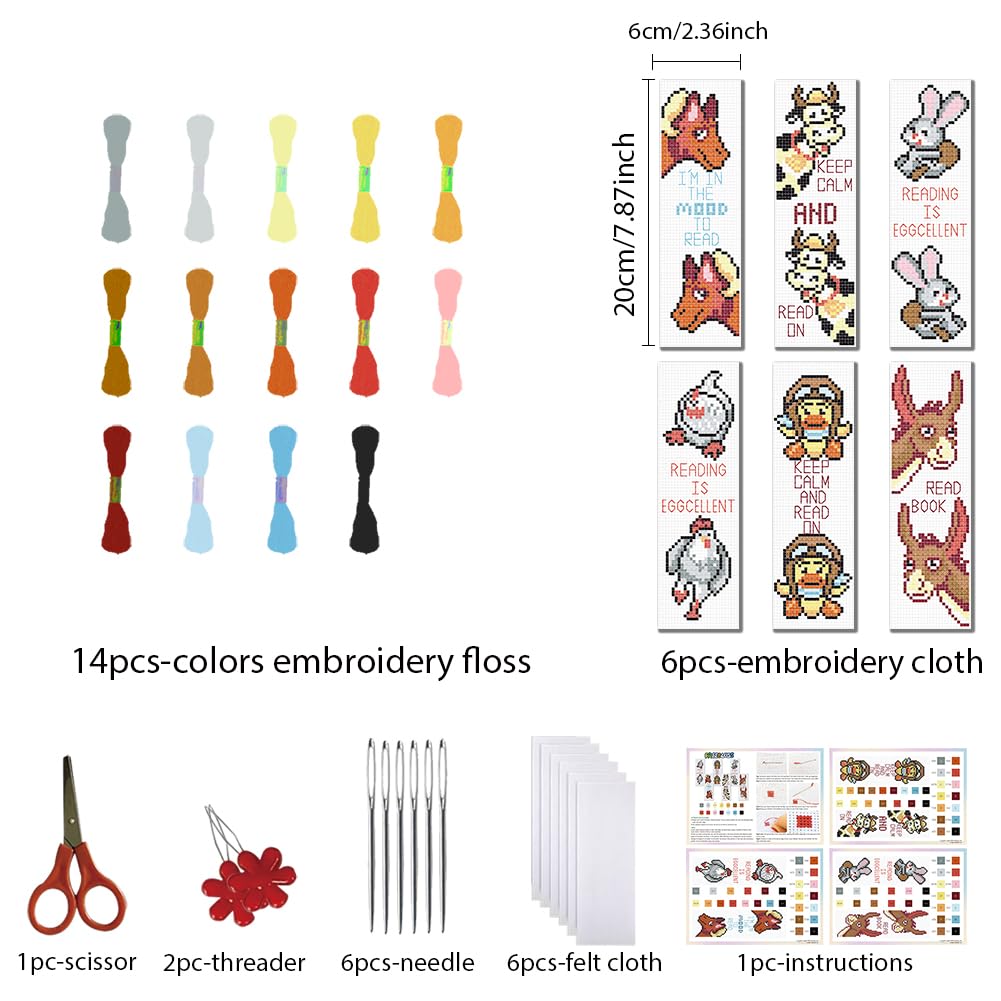 FREEBLOSS 6 Set Cross Stitch Bookmark Kit, Farm Animals Pattern DIY Bookmarks Cross Stitch Kits for Beginners, Stamped Embroidery Bookmarks, Cross Stitch Kits for Adults