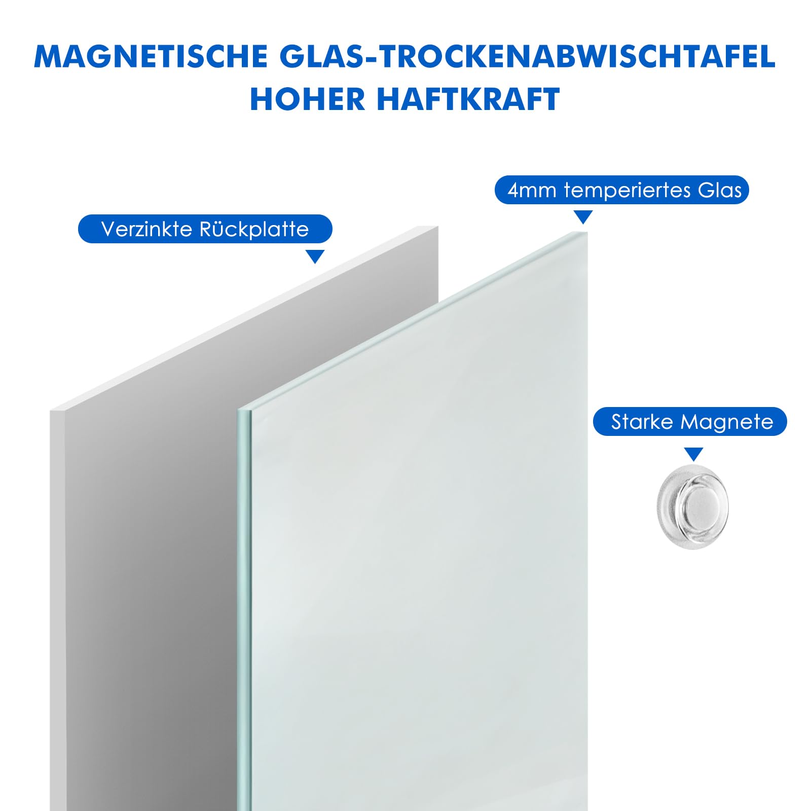 maxtek Magnetisches Glas-Whiteboard, 120 x 90 cm (Groß), Rahmenloses Gehärtetes Glasboard, Trocken Abwischbare Magnettafel, Modernes Memoboard inkl. 5 Neodym-Magneten, 3 Stiften, 1 Radiergummi