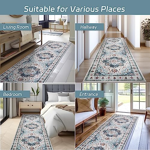 Madane Blue Runner Rug, 2x5, Low-Pile, Non-Slip, Washable, Stain Resistant, Retro, Machine-Made, Microfiber, Floral, Kitchen, Living Room, Bedroom, Laundry Room